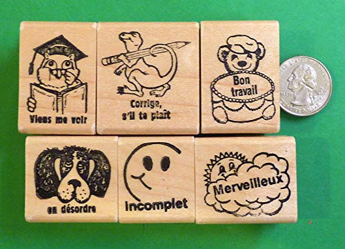 Teachers  French Only Rubber Stamps  Set of 6  Rubber Stamp Wood Carving Blocks