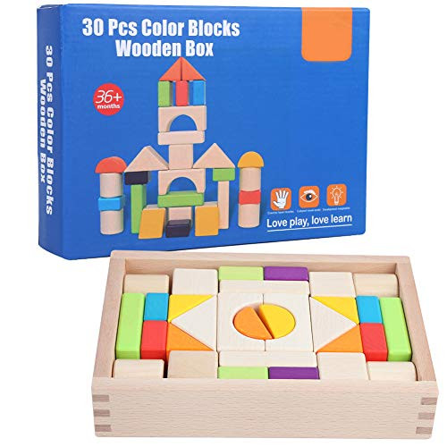 Building Blocks  30 PCS Wooden Building Blocks Set Stacking Wooden Block Educational Toy Set for Toddlers Kids 30pcs