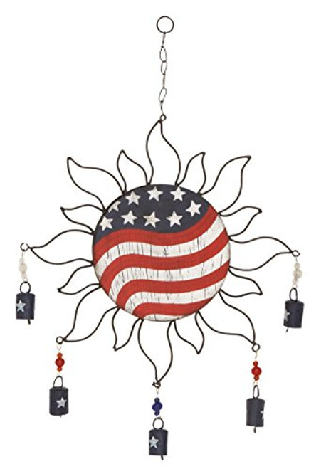 Benzara Antique Colonial Modish Metal Sun Windchime  17 inch W x 1 inch D x 24 inch H  Red White Blue