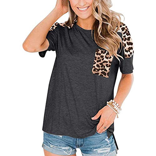 BITOPYTOPSIY Womens Casual Leopard Shirts Short Sleeve Tops Crew Neck Color Block Pocket Tee Tunics T Shirt Blouse Dark Gray
