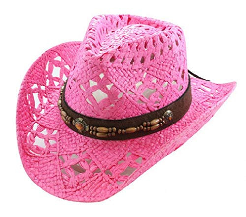Vamuss Straw Cowboy Hat W Vegan Leather Band  and  Beads  Shapeable Brim  Fuchsia