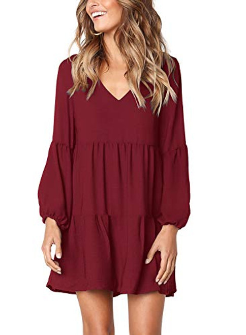 Arolina Women s Long Sleeve Tunic Dress V Neck Casual Loose Fall Flowy Swing Shift Dresses  Wine Red  Small