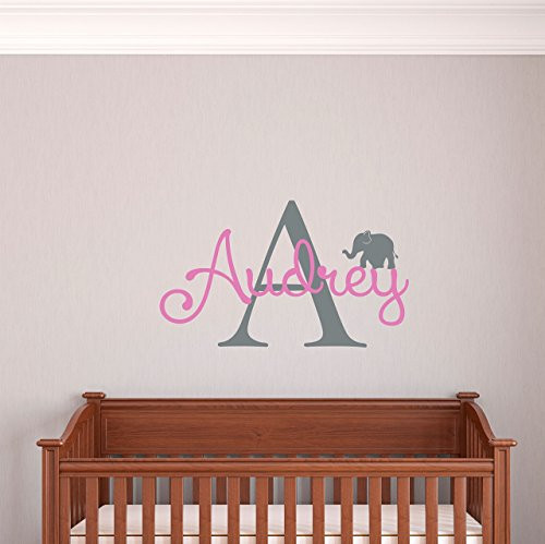Custom Name Elephant Nursery Wall Decal - Girls Personalized Name Elephant Wall Sticker - Custom Name Sign - Custom Name Stencil Monogram - Baby Girl Nursery Room Wall Decor
