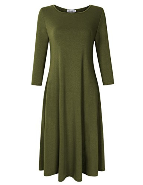 MISSKY 3 4 Sleeve Plus Size Pocket Loose Swing Midi Casual Dress XL ArmyG ArmyGreen