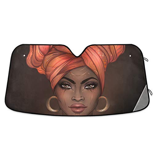 Qilmy African American Woman Front Windshield Sun Shade Accordion Folding Auto Sunshade for Car Truck SUV Blocks UV Rays Sun Visor Protector