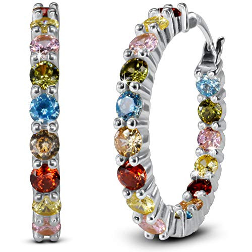 AceLay 14k Gold Plated Sterling Silver Hoop Earrings For Women Filled With CZ Stones   Hypoallergenic Huggies Earring   25mm silver earrings for women  White Gold Rainbow