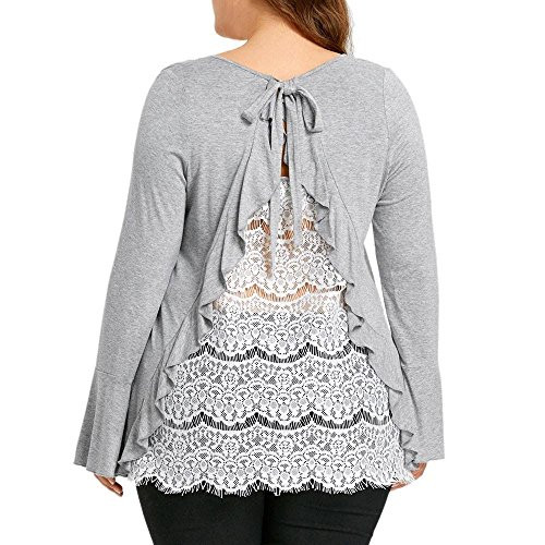 HGWXX7 Women Tops Long Sleeve Casual Plus Size Back Lace Solid Blouse T-Shirt XXXXL Gray