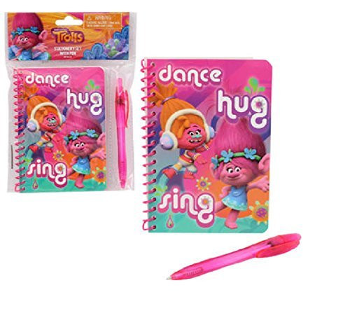 Dreamworks Trolls Stationery Set with Pen features a hot pink cover