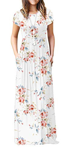 VIISHOW Women s Short Sleeve Plus Size Floral Dress Loose Plain Maxi Dresses Casual Long Dresses with Pockets Floral White 3XL