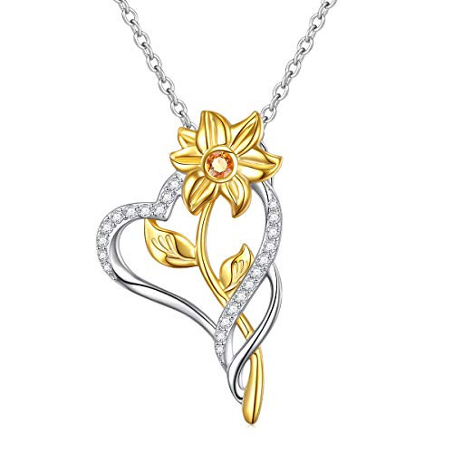 Sterling Silver You Are My Sunshine Sunflower CZ Heart Pendant Necklace 18 inch for Girls Women  C