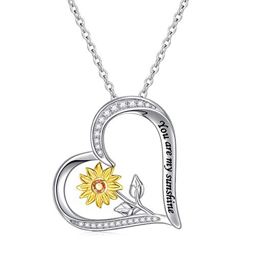 Sterling Silver You Are My Sunshine Sunflower CZ Heart Pendant Necklace 18 inch for Girls Women B