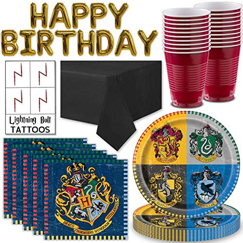 Harry Potter Birthday Party Supplies for 16 - Large Dinner Plates  Napkins  Plastic Cups  Happy Birthday Balloon Banner  Table Cover  Tattoos - Great for Harry Potter  and  Wizard Decorative Set