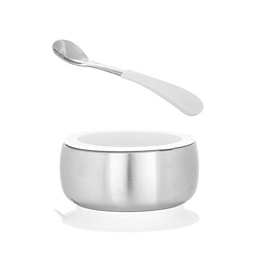 Avanchy Infant Stainless Steel Suction Bowl  and  Spoon - Stainless Steel Kids Bowls - Suction Bowls With Lids - Silicon Suction - Stay Put Bowl  White