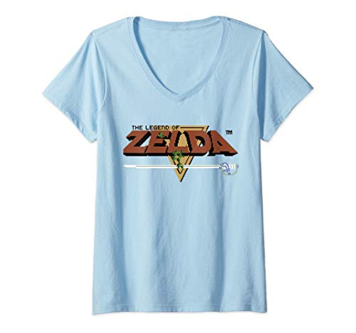Womens Nintendo Zelda Classic NES 8-Bit Title Screen Logo V-Neck T-Shirt