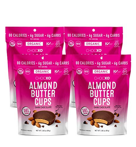 ChocXO Dark Chocolate Almond Butter Cups   Keto Certified  USDA Organic  Low Sugar  Certified Gluten Free and Kosher  98 g  4-Pack