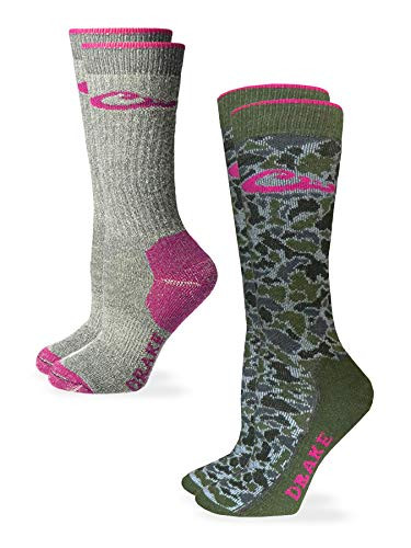 Drake Women s Camo Pink Merino Wool Midweight Crew Boot Socks 2 Pair Pack  Grey Fuchsia  Medium