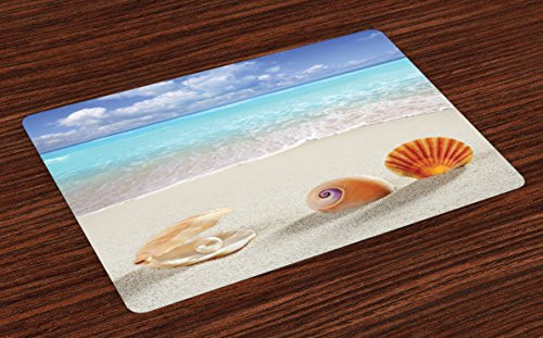 Lunarable Seashells Place Mats Set of 4  Pearl Clam Snail Tropic Sun Seaside Honeymoon Seashells on The Sandy Beach  Washable Fabric Placemats for Dining Room Kitchen Table Decor  Aqua Marigold