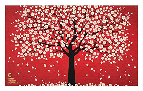 Lunarable Chinese New Year Doormat  Cherry Blossom Composition  Decorative Polyester Floor Mat with Non-Skid Backing  30 inch X 18 inch  Vermilion Charcoal
