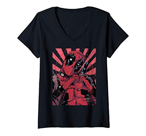 Womens Marvel Deadpool Heart Hands Portrait Rising Sun V-Neck T-Shirt