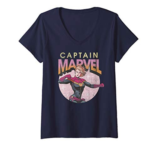 Womens Captain Marvel Distressed Vintage Circle Logo V-Neck T-Shirt