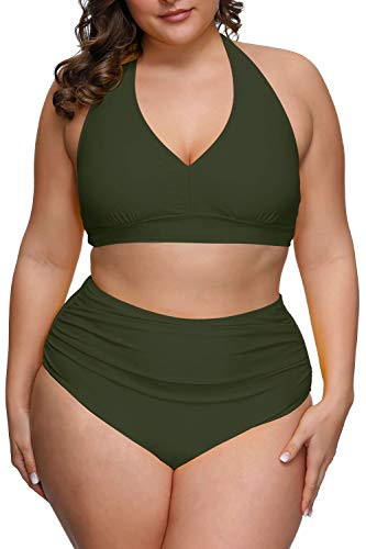 Pink Queen Women s Plus Size Halter Swimwear High Waisted Swimsuits Tummy Control Bikinis Green 3XL