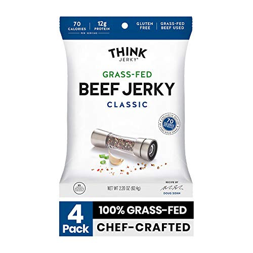 Classic Beef Jerky by Think Jerky  Delicious Chef Crafted Jerky  Grass-Fed Beef Free of Gluten  Antibiotics and Nitrates  Healthy Protein Snack Low in Calories  Fat and Salt  2.2 Ounce  4 Pack