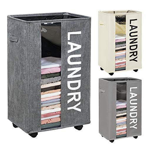 WOWLIVE 90L Laundry Hamper Large Rolling Laundry Basket with Wheels Collapsible Clothes Hamper With Clear Window  and  Carry Handles Rectangular Laundry Basket?Bin 17 inchX13 inchX27 inch Grey2
