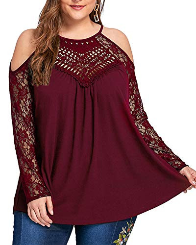 Women s Plus Size Shirts Lace Trim Cold Shoulder Blouse Long Sleeve Loose Tunic Tops Wine Red