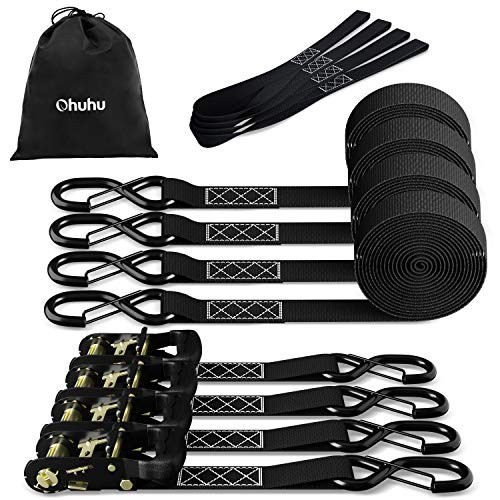 Ratchet Tie Down Straps with Safety Clip 4-Pack 1 inch x 15   and  4 Soft Loops - 500 lbs Load Cap 1500 lbs Breaking Limit  Ohuhu Ratchet Tie Downs Logistic Cargo Straps for Moving Appliances  Motorcycle