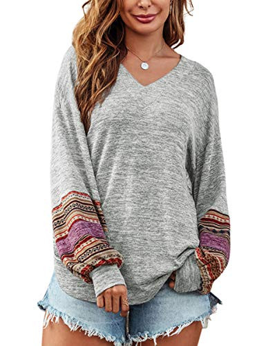 LUCKLISA Womens Raglan Long Sleeve V Neck Pullover Color Block Tops Casual Loose Sweatshirt Tunic Gray 2X