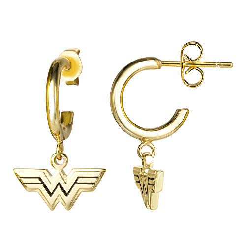 DC Comics Wonder Woman 1984 Officially Licensed Yellow Gold Plated WW Charm Logo Hoop Earrings DC Comics Wonder Woman 1984 Officially Licensed Yellow Gold Plated WW Charm Logo Hoop Earrings