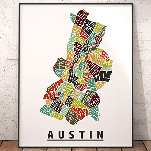 Austin Neighborhood Map Print  signed print of my original hand drawn Austin typography map art