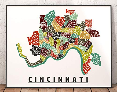 Cincinnati Neighborhood Map Print  signed print of my original hand drawn Cincinnati typography map art