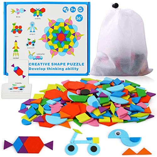 Wooden Pattern Blocks 210Pcs Wooden Tangrams Pattern Blocks for Kids Geometric Manipulative Shape Puzzle Kindergarten Classic Educational Montessori Tangram Toys Gifts with Cards for Toddlers Kids