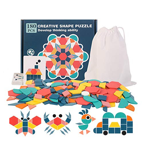 Kekailu 180Pcs Wooden Pattern Blocks Set - Geometric Shape Puzzle Kindergarten Classic Educational Montessori Tangram Brain Teasers Toys Gifts with Cards for Toddlers Kids