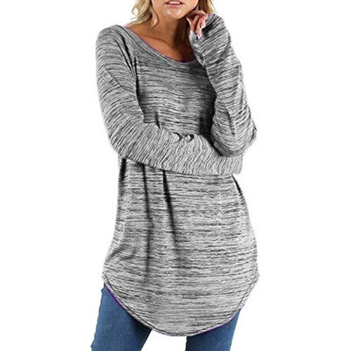 HGWXX7 Womens Tops Plus Size Long Sleeve O Neck T-Shirts Casual Loose Fashion Solid Color Blouse Tunic Pullover Gray