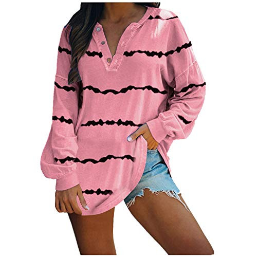 Autumn Winter Stripe Print Casual Pullover Tops Oversized Fashion V-Neck Long Sleeve Loose Plus Size Tunic Blouse Fall Pink