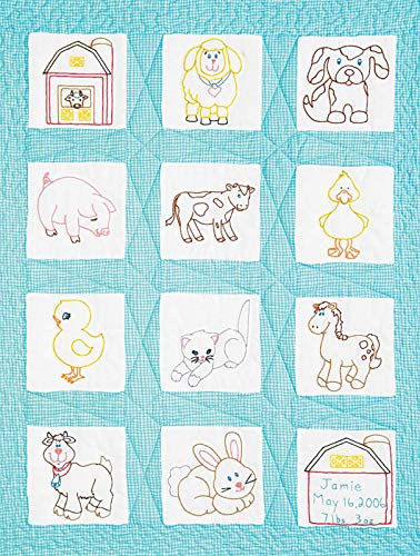 Stamped White Nursery Quilt Blocks 9x9 12 Pkg-Barnyard Friends