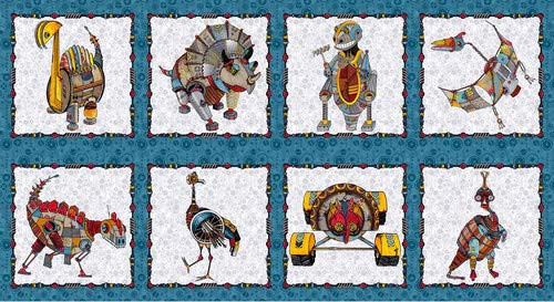 Blank Quilting Dino Punk Blocks Quilt Fabric 24 inch x 44 inch Panel Blue Style 1258-70