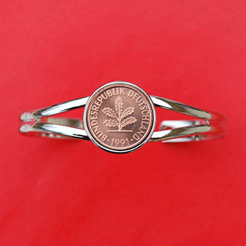 1991 Germany 2 Pfennig BU Uncirculated Coin Silver Plated Cuff Bangle Bracelet NEW - Five Oak Leaves
