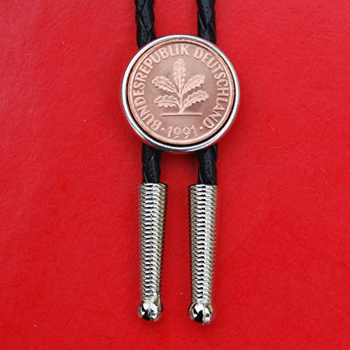 1991 Germany 2 Pfennig BU Uncirculated Coin 36 inch Cord Silver Bolo Tie NEW - Five Oak Leaves