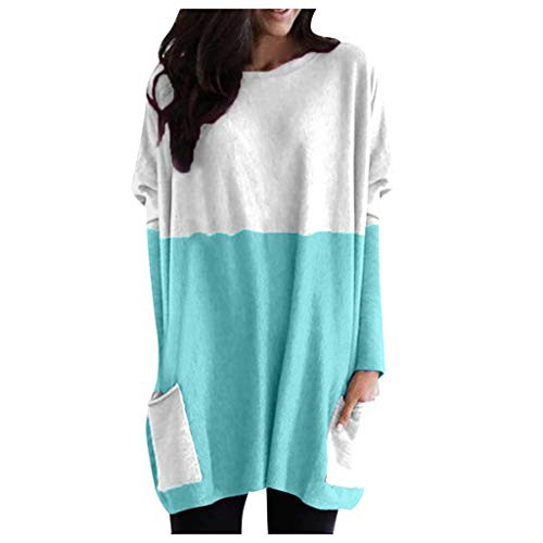 DEATU Women Tunics Tops for Leggings  Plus Size Long Sleeve Patchwork Pockets Loose Fit T-Shirt Pullover XX-Large Mint Green