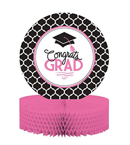Creative Converting Centerpiece with Honeycomb Base and Glamorous Grad Collection, Black/White/Pink