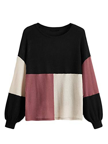 Romwe Women s Plus Size Waffle Knit Shirts Colorblock Long Sleeve T Shirt Tee Tops Multicolor 4XL