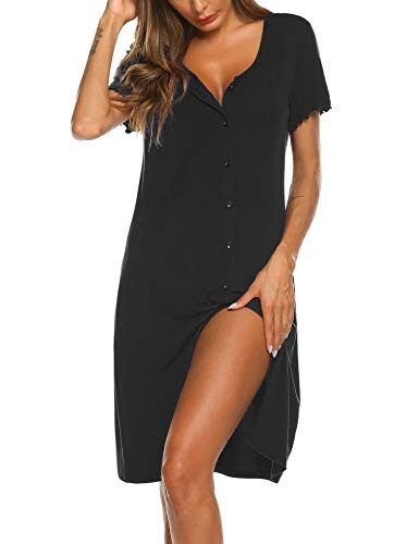 Ekouaer Women s Nightshirt Short Sleeve Button Down Nightgown V-Neck Sleepwear Pajama Dress  Black  XX-Large
