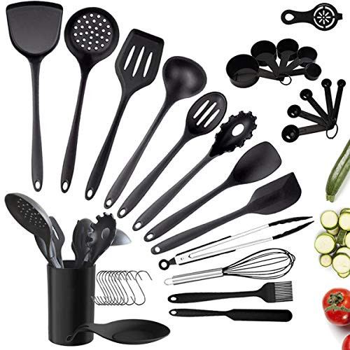 Silicone Cooking Utensil Set  35Pcs Kitchen Utensils Set with Holder  Non-stick Heat Resistant Cooking Tools Silicone Handle Spoons Spatula Turner Whisk Tongs  Kitchen Gadgets Utensil Set  Black