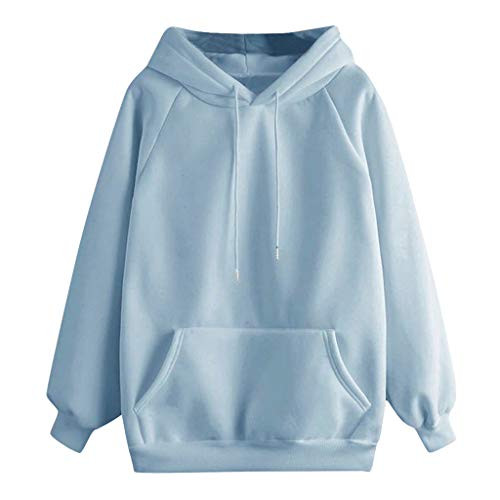 Xinantime Women Solid Hooded Sweatshirt Long Sleeve Hoodie Sweatshirt Hooded Pullover Tops Blouse with Pocket Blue L