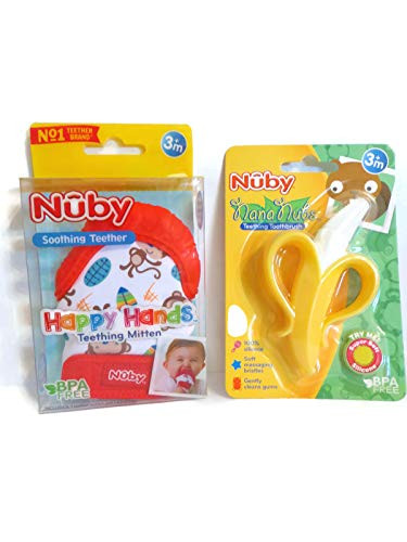 Nuby Soothing Teething Mitten with Hygienic Travel Bag  plus Nuby Nana Nubs Teether Toothbrush Banana Shape Gift Set