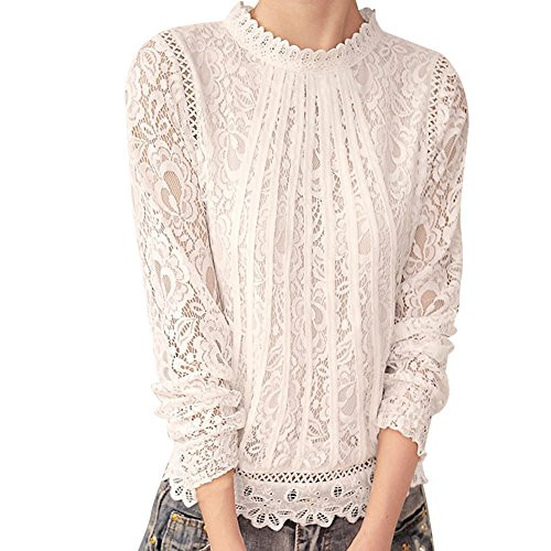 Women Blouse HGWXX7 Solid Long Sleeve Bouncy O Neck Lace Casual Tops Blouse T-Shirt  L  White