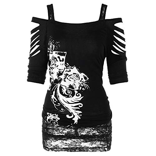 SSDXY Womens Off Shoulder Cut Rivet Lacerated Sleeve T-Shirt Hollow Out Casual Tops Tee Shirt Blouse Plus Size